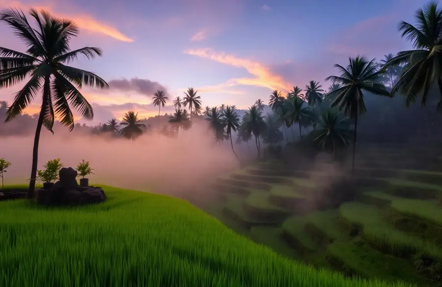 Bali rice terraces at sunrise with palm trees
