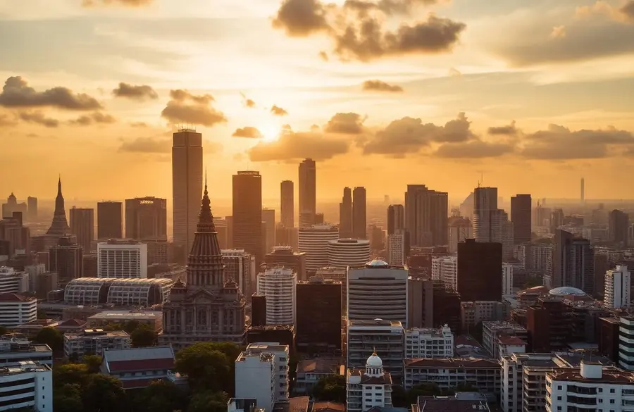 Bangkok skyline at golden hour with temple spires